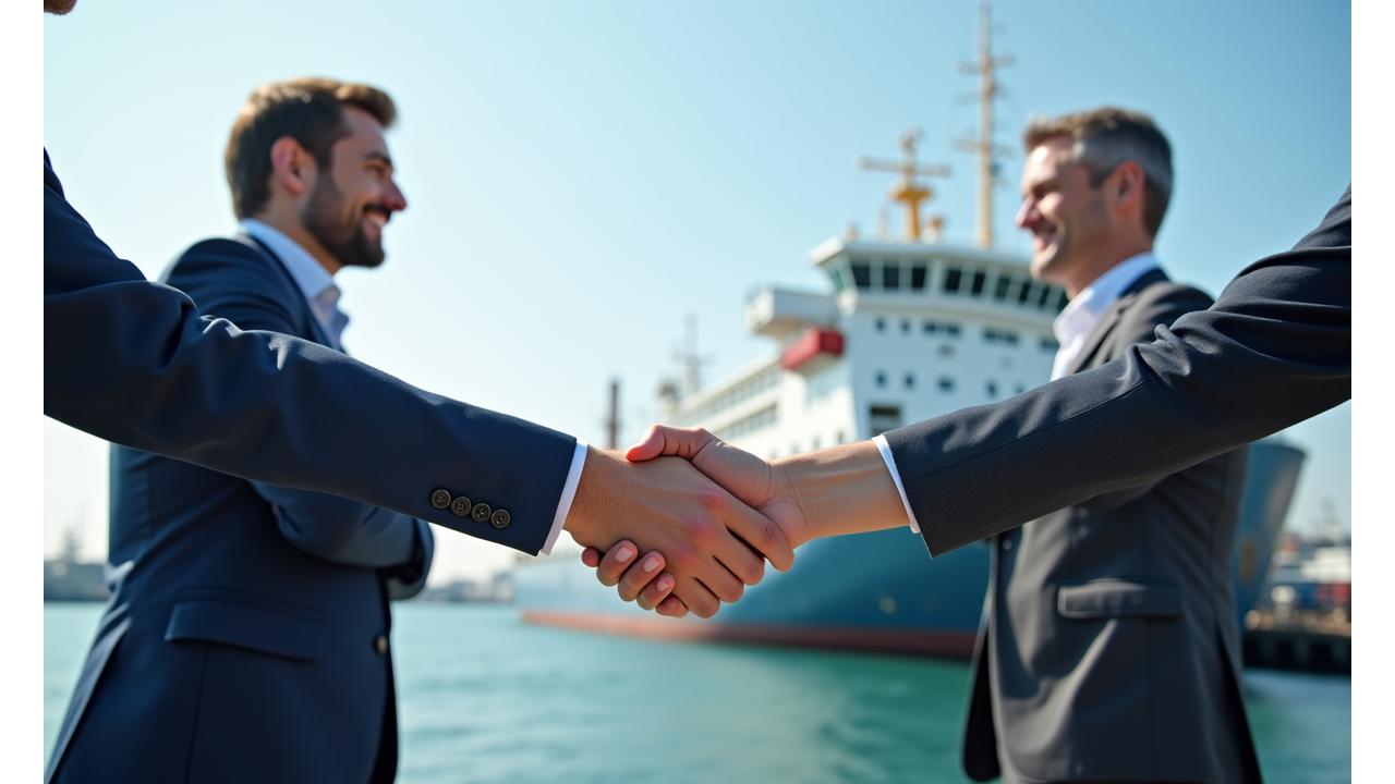 Two professionals shaking hands with a modern cargo ship in the background at a bustling port