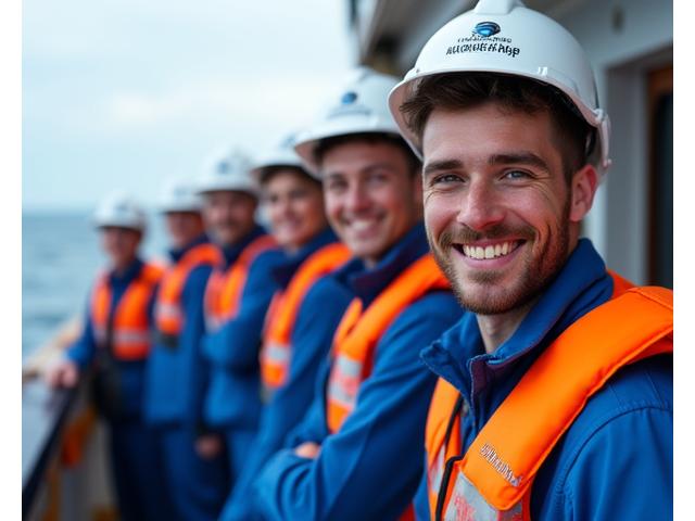 Diverse fishing crew smiling confidently on a well-maintained vessel deck, wearing appropriate safety gear and looking towards the horizon.