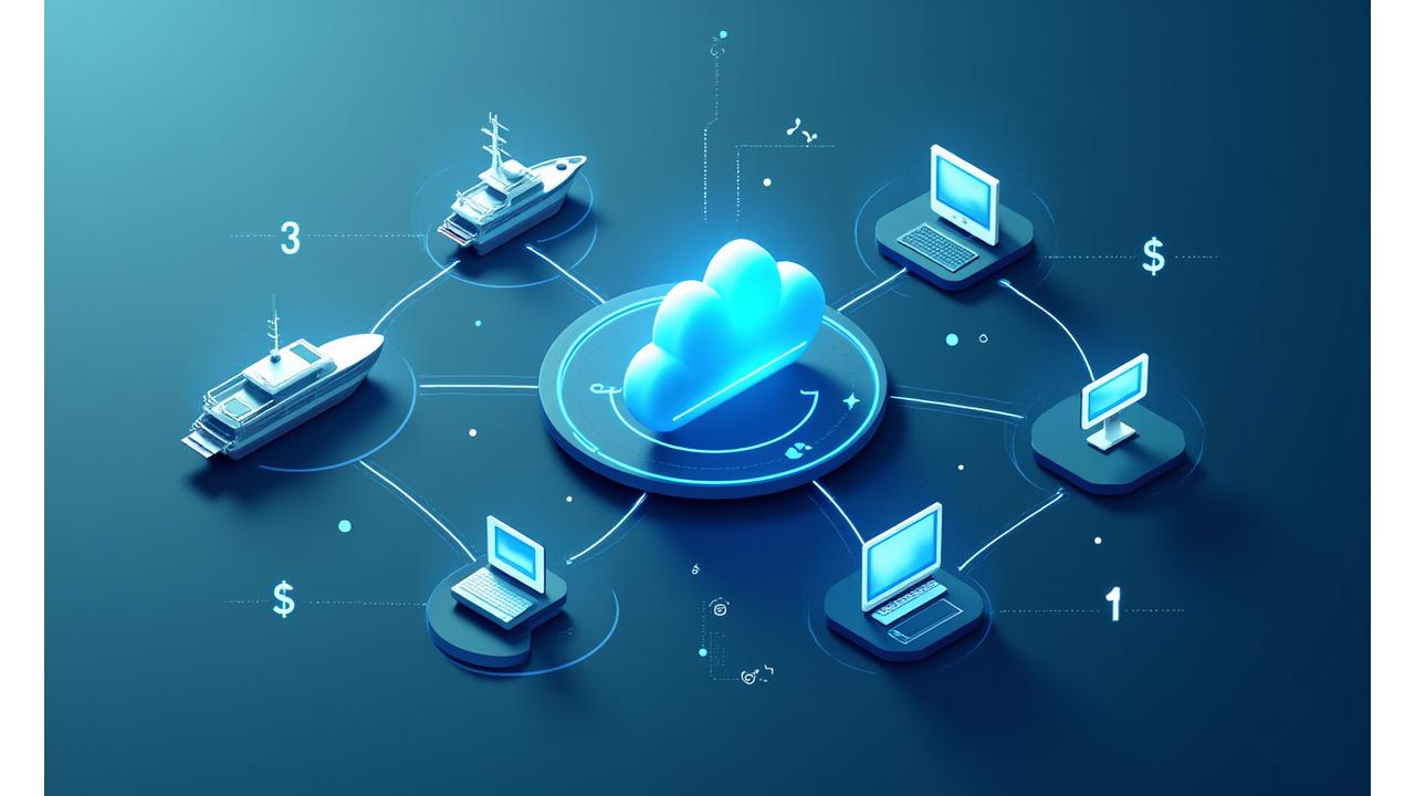 An intricate network diagram illustrating data flow between fishing vessels, onboard sensors, cloud platforms, and office systems, highlighting seamless integration.