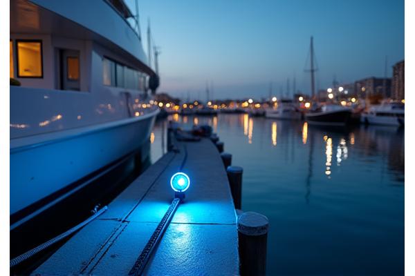 Sleek shore power connection point on a dock, illuminated in blue, showcasing modern harbor infrastructure.