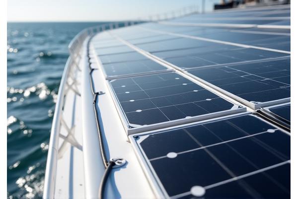Illustration of marine-grade solar panels efficiently integrated onto a fishing vessel's deck, with power management systems visible.