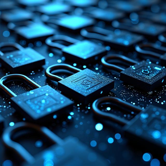 A complex, artistic arrangement of interconnected digital locks and encryption symbols, radiating security, set against a subtle, dark blue technological background, representing data protection.