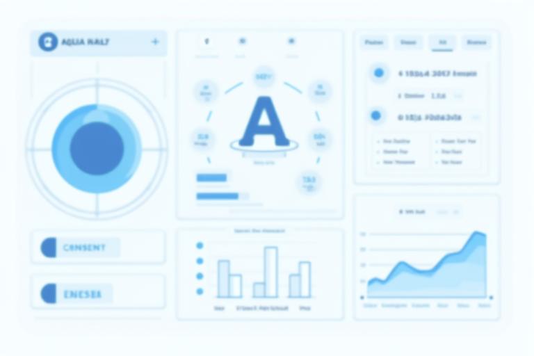 Stylized graphic of a user interface showing transparent controls for data access, deletion, and consent management, with a navigation wheel for rights selection.