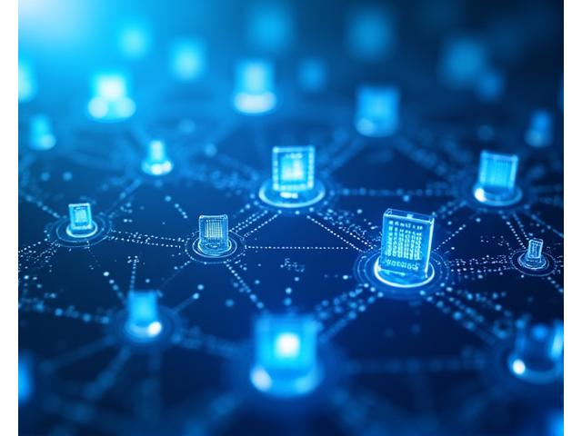 Illustration of data flowing securely through a blockchain with multiple nodes