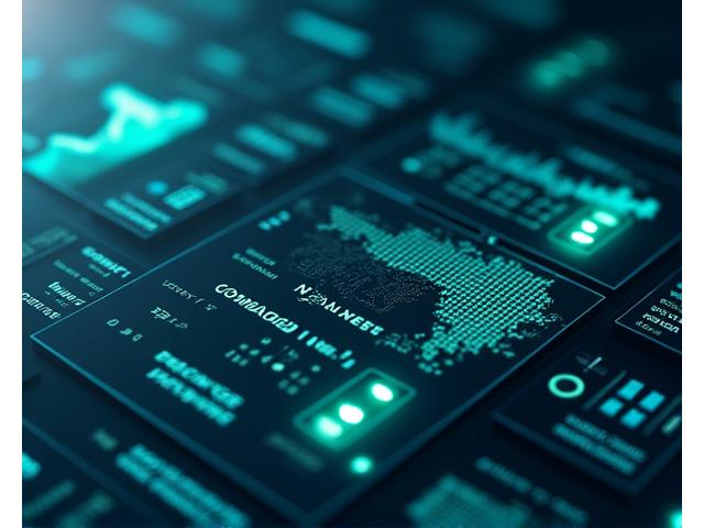 Digital dashboard showing compliance metrics, green checkmarks, and regulatory alerts. Clean and organized data visualization.