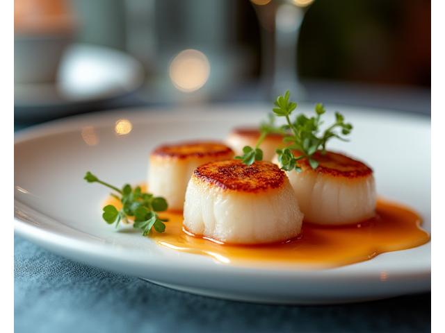 Elegant display of sustainably sourced seafood in a high-end market, with a focus on quality and freshness. Soft, appealing lighting.